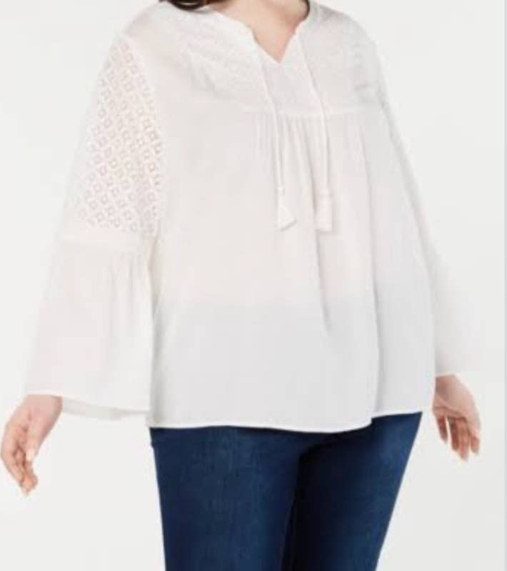 Style & Co Plus Size Crochet-Trim Split-Neck Top Winter White Sz 2x